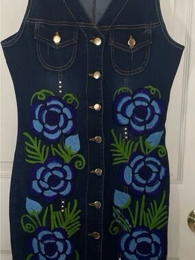 Dark Blue Denim Dress with Blue Floral Embroidery